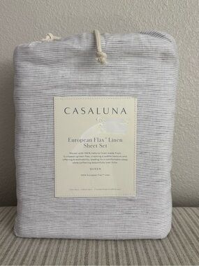NWT Queen 100% Linen Sheet Set Gray Micro Stripe - Casaluna